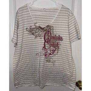 Cruisin The Coast T-Shirt V-Neck Ladies Size 2XL, ET Motorgear Tan & Stripes